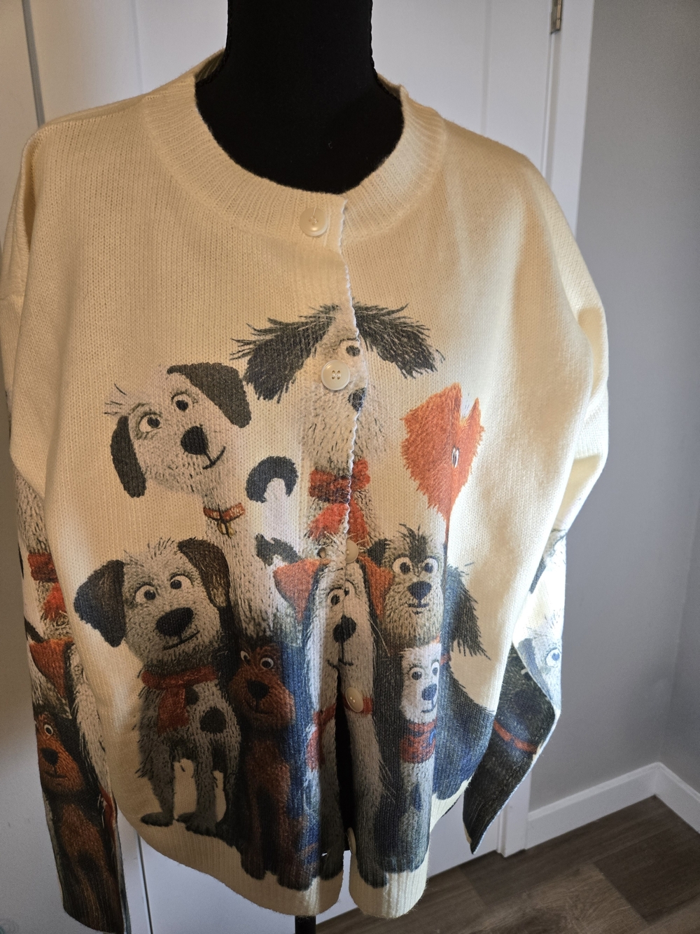 Quirky Dog Print Knit Cardigan Sweater Cream Retro Grandmacore Boho